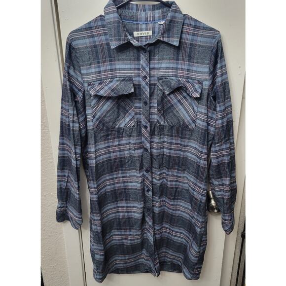 ORVIS Lodge Women's Medium Flannel Shirtdress Plaid Blue Pink Front Button-up - Picture 1 of 8